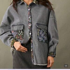 Gray Denim Shacket with Floral Trim